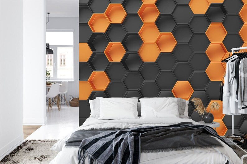 Orange Black Hexagon Wallpaper Mural, 3D Honeycomb Pattern