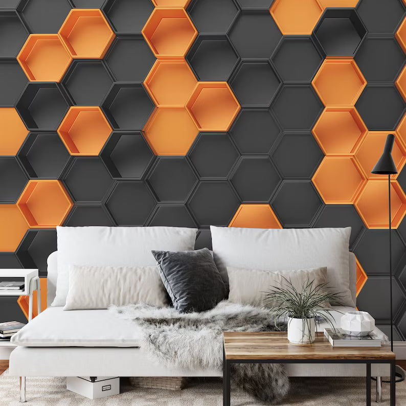 Orange Black Hexagon Wallpaper Mural, 3D Honeycomb Pattern