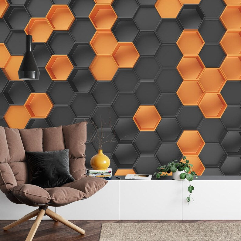 Orange Black Hexagon Wallpaper Mural, 3D Honeycomb Pattern
