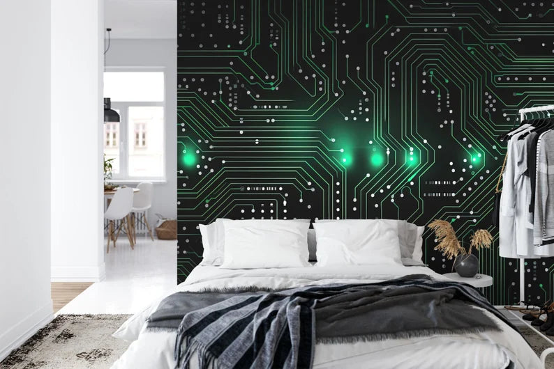 Green Circuit Board Wallpaper Mural, Generative AI Art Print