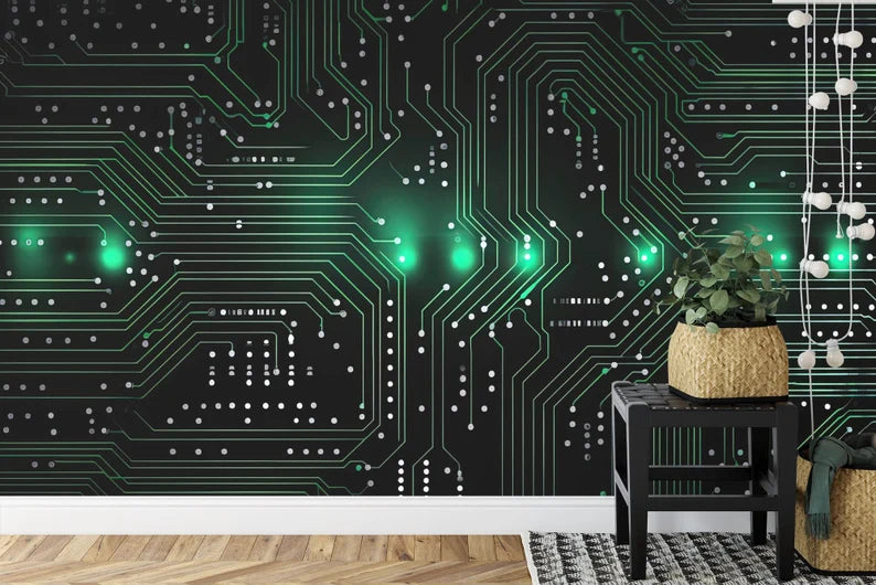 Green Circuit Board Wallpaper Mural, Generative AI Art Print
