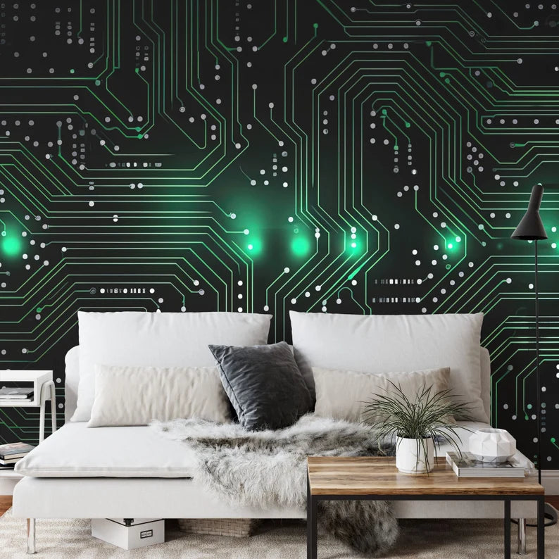 Green Circuit Board Wallpaper Mural, Generative AI Art Print