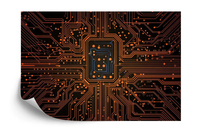 Circuit Board Wallpaper Mural, Orange Accent Art Print