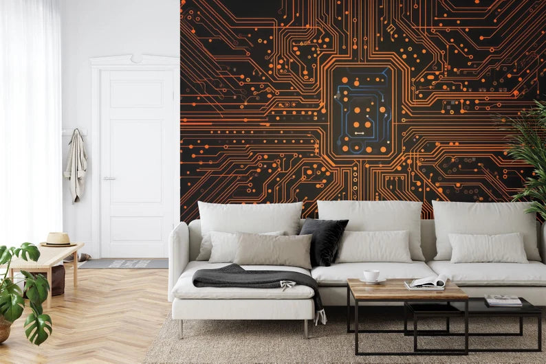 Circuit Board Wallpaper Mural, Orange Accent Art Print