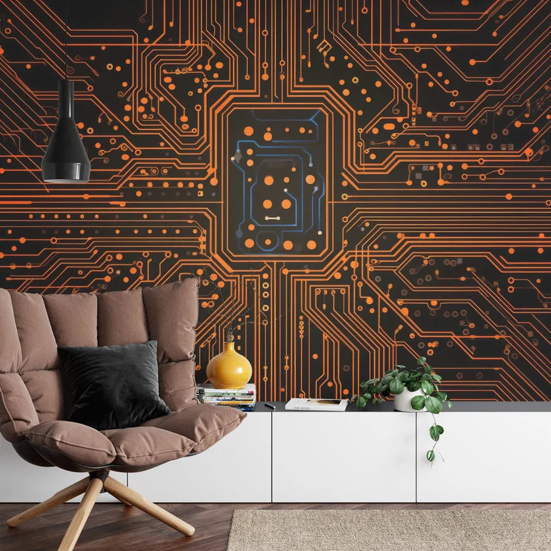 Circuit Board Wallpaper Mural, Orange Accent Art Print