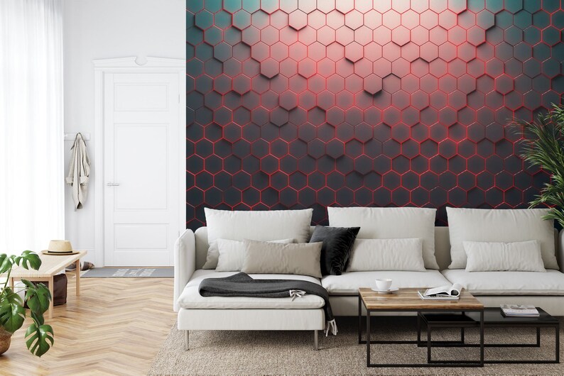 Red and Black Honeycomb Geometric Wall Mural
