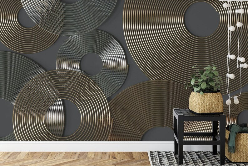 Golden Silver Spirals Wall Mural, 3D Rendering Art