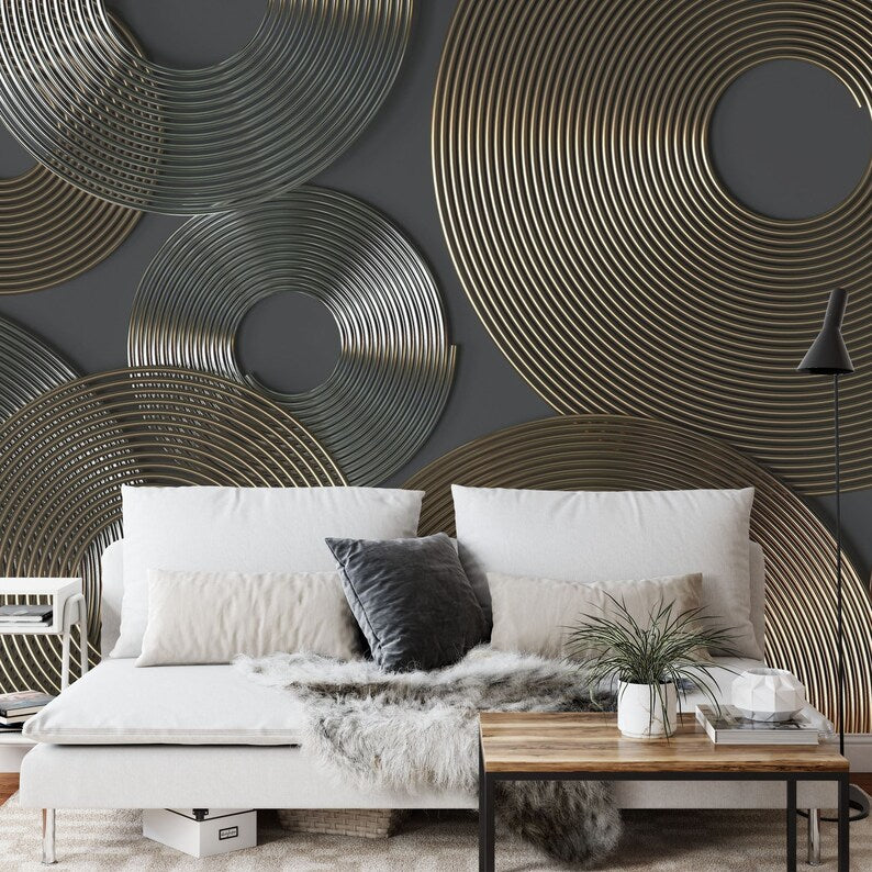 Golden Silver Spirals Wall Mural, 3D Rendering Art