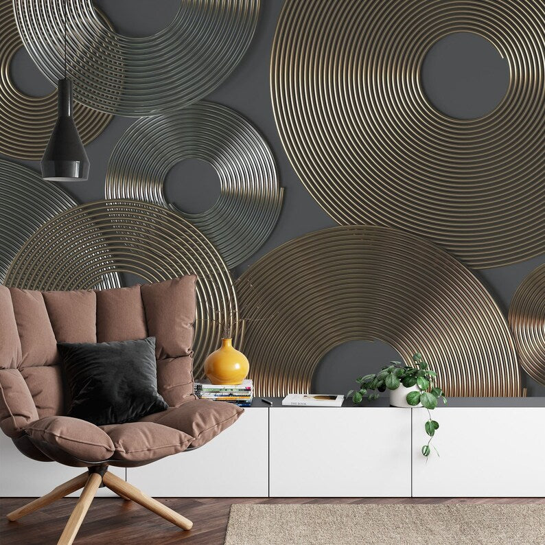 Golden Silver Spirals Wall Mural, 3D Rendering Art