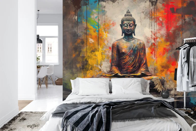 Buddha, Colorful Vintage Oil Painting, Removable Wallpaper