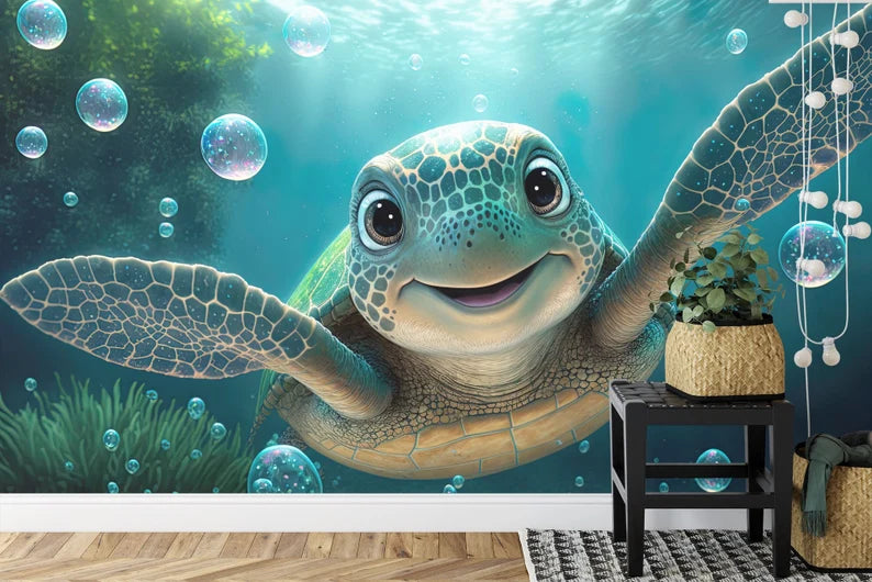Smiling Turtle Kids Room Wallpaper Mural