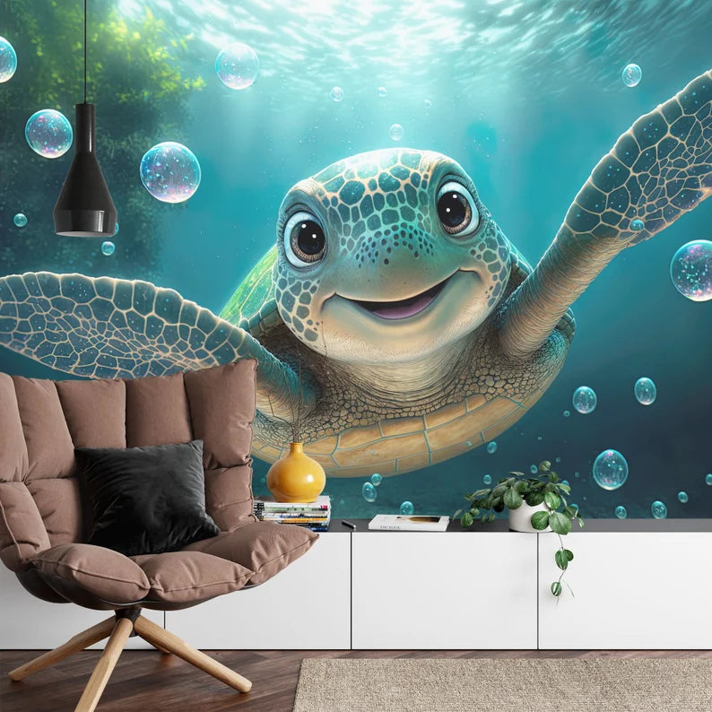 Smiling Turtle Kids Room Wallpaper Mural