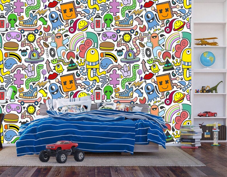 Modern Doodle Mural | Multicolored Kids Room Wallpaper