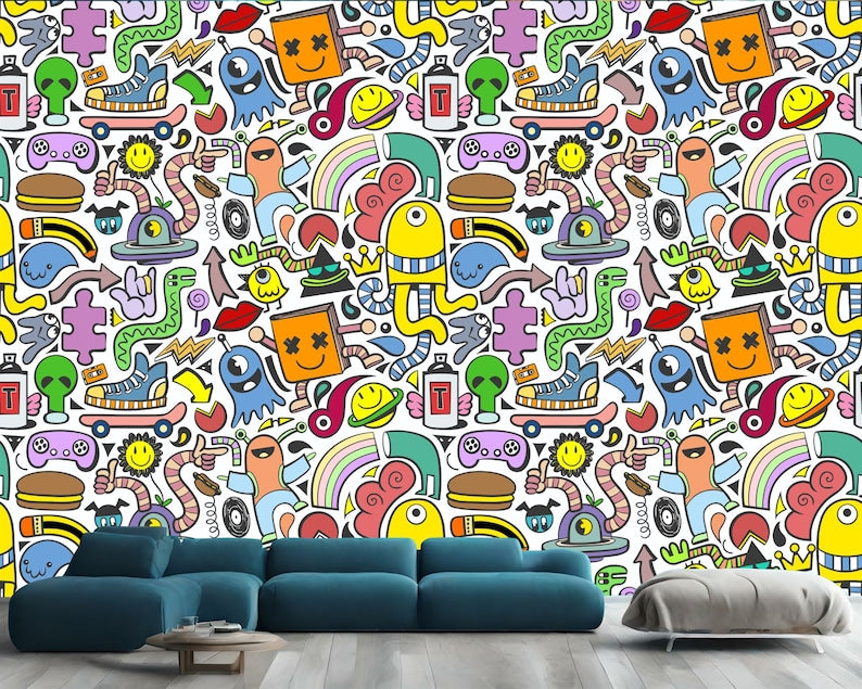 Modern Doodle Mural | Multicolored Kids Room Wallpaper