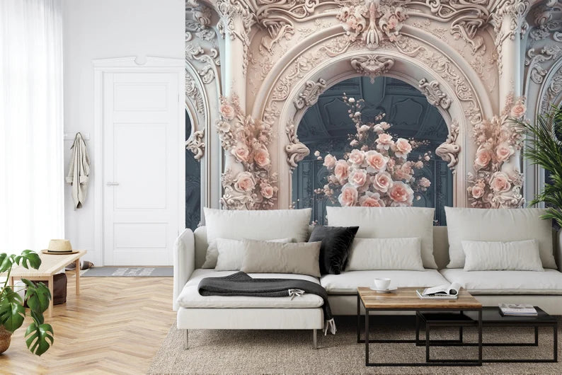 Pink Roses on Victorian Columns Wallpaper Mural