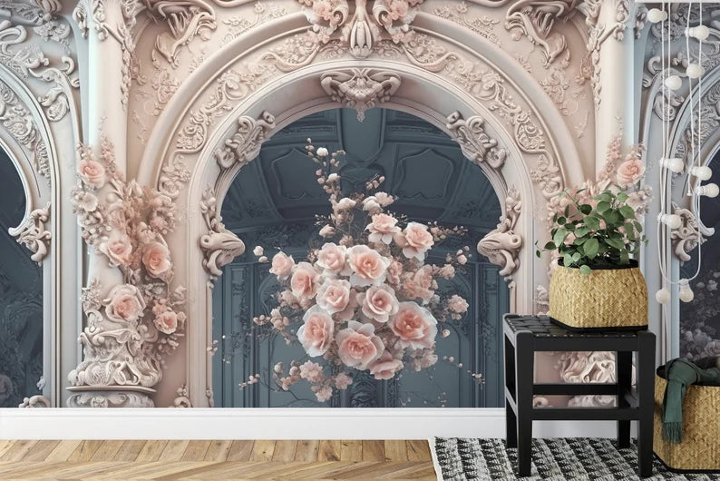 Pink Roses on Victorian Columns Wallpaper Mural