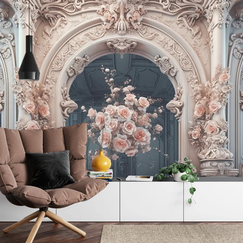 Pink Roses on Victorian Columns Wallpaper Mural