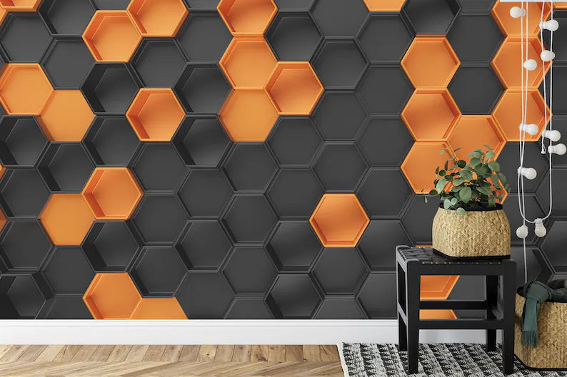 Orange Black Hexagon Wallpaper Mural, 3D Honeycomb Pattern