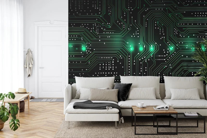 Green Circuit Board Wallpaper Mural, Generative AI Art Print