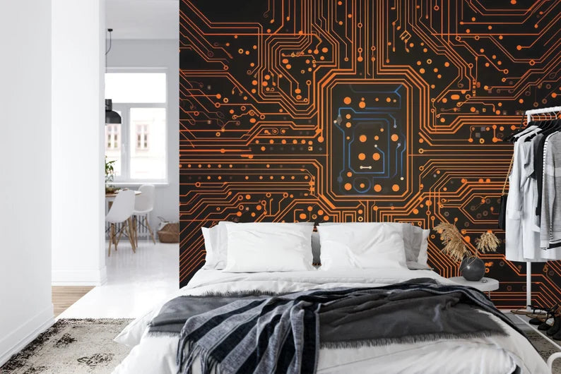 Circuit Board Wallpaper Mural, Orange Accent Art Print