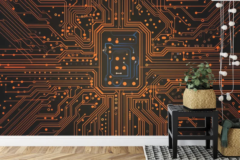 Circuit Board Wallpaper Mural, Orange Accent Art Print