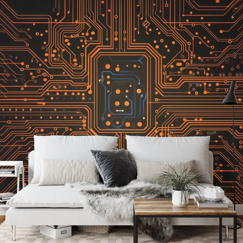 Circuit Board Wallpaper Mural, Orange Accent Art Print
