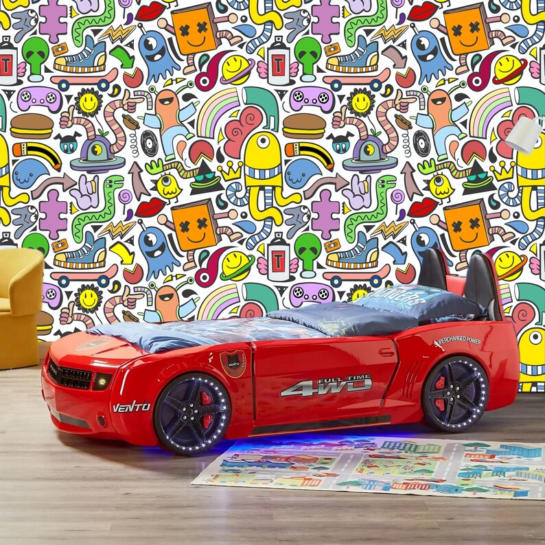 Modern Doodle Mural | Multicolored Kids Room Wallpaper