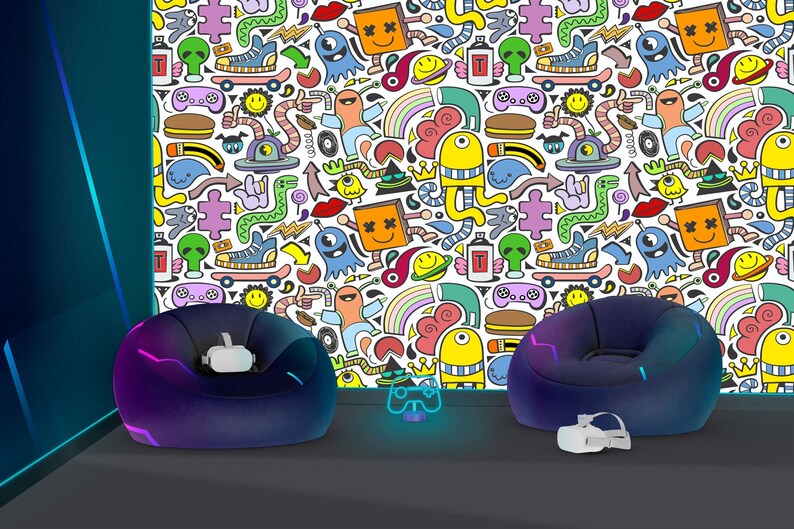 Modern Doodle Mural | Multicolored Kids Room Wallpaper