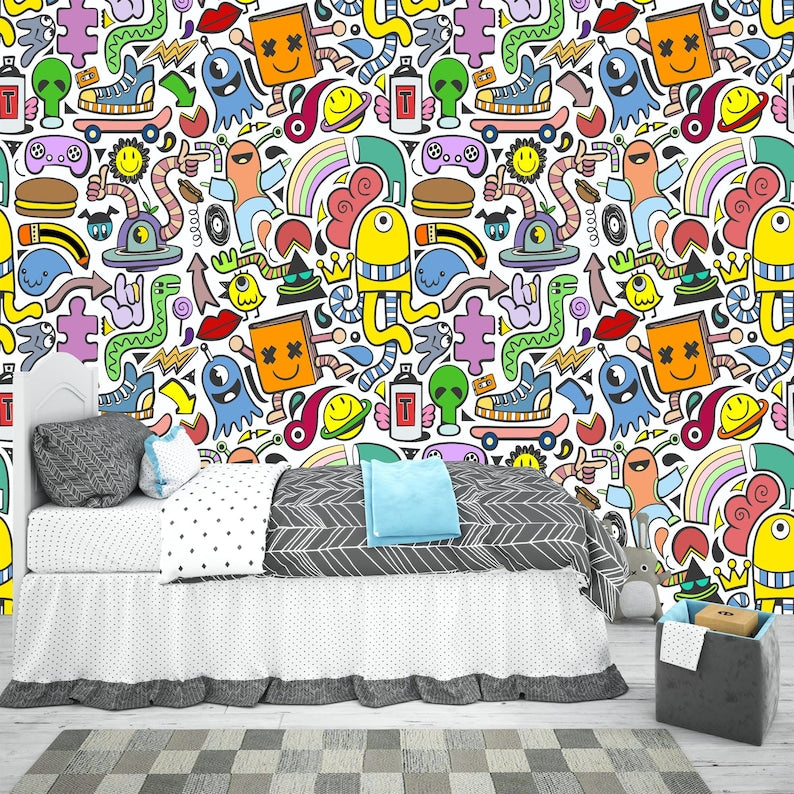 Modern Doodle Mural | Multicolored Kids Room Wallpaper