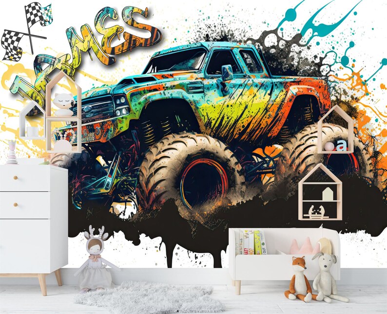Monster Truck Watercolor Wall Decal, Gaming Room Decor