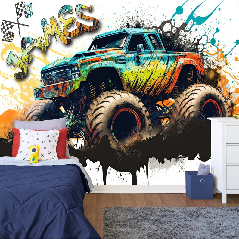 Monster Truck Watercolor Wall Decal, Gaming Room Decor