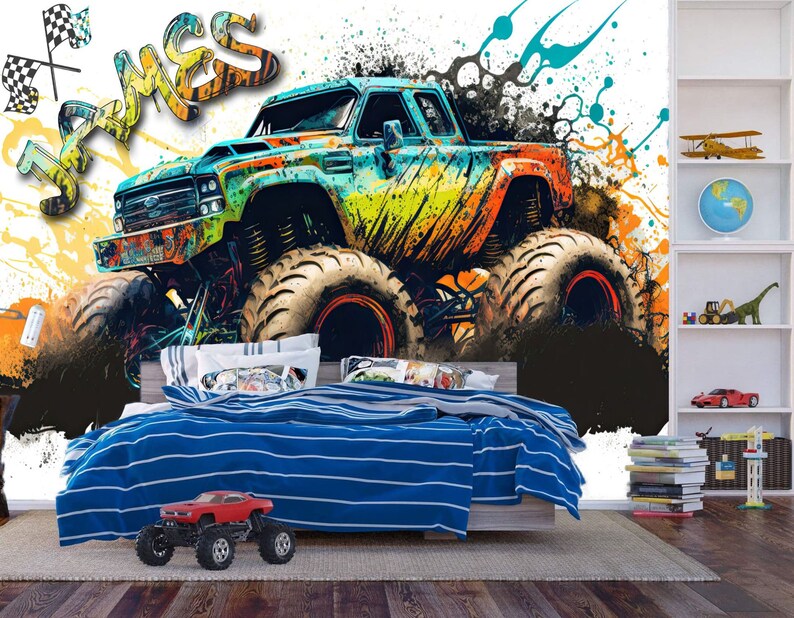 Monster Truck Watercolor Wall Decal, Gaming Room Decor