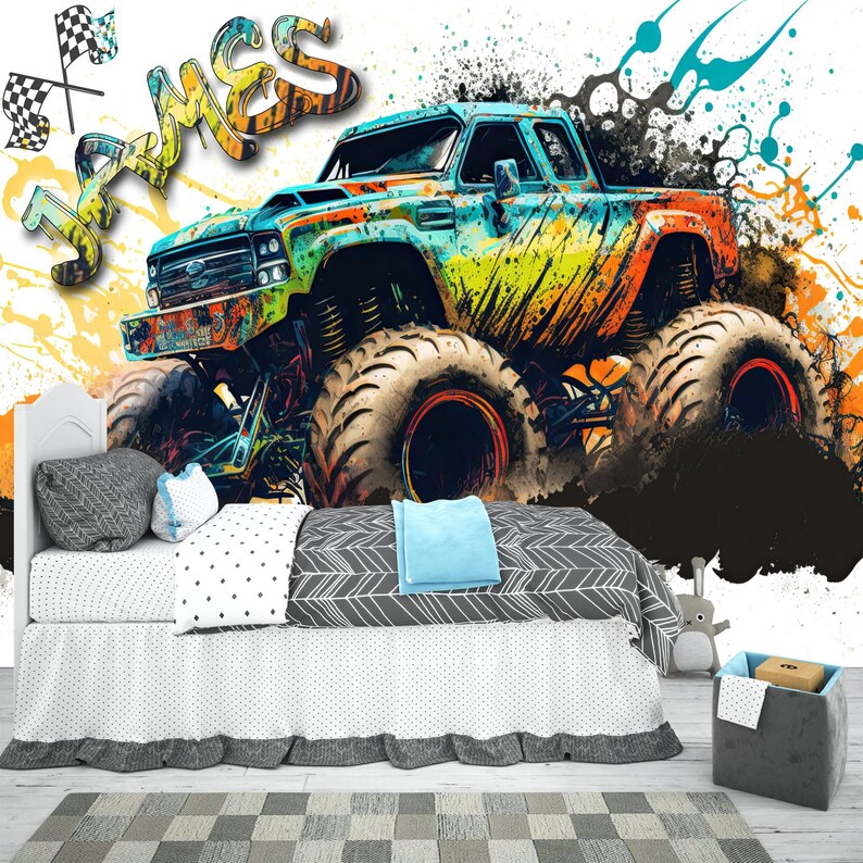 Monster Truck Watercolor Wall Decal, Gaming Room Decor