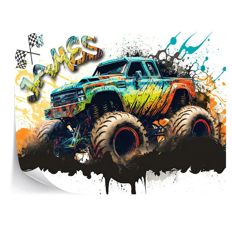 Monster Truck Watercolor Wall Decal, Gaming Room Decor