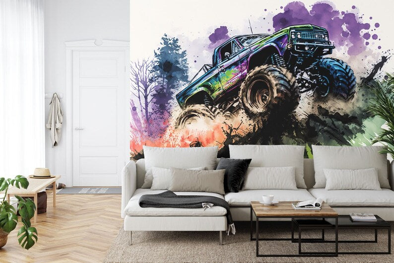 Wallpaper, Monster Truck Watercolor Wall Mural, Kids Room Decor