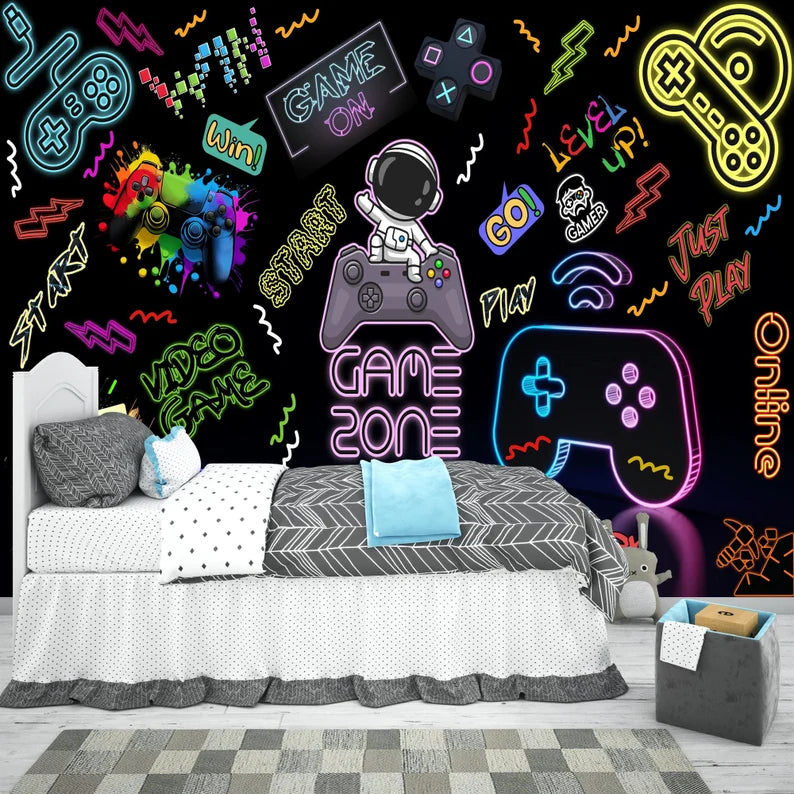 Gaming Room Wallpaper Mural, Neon Gamepad Design