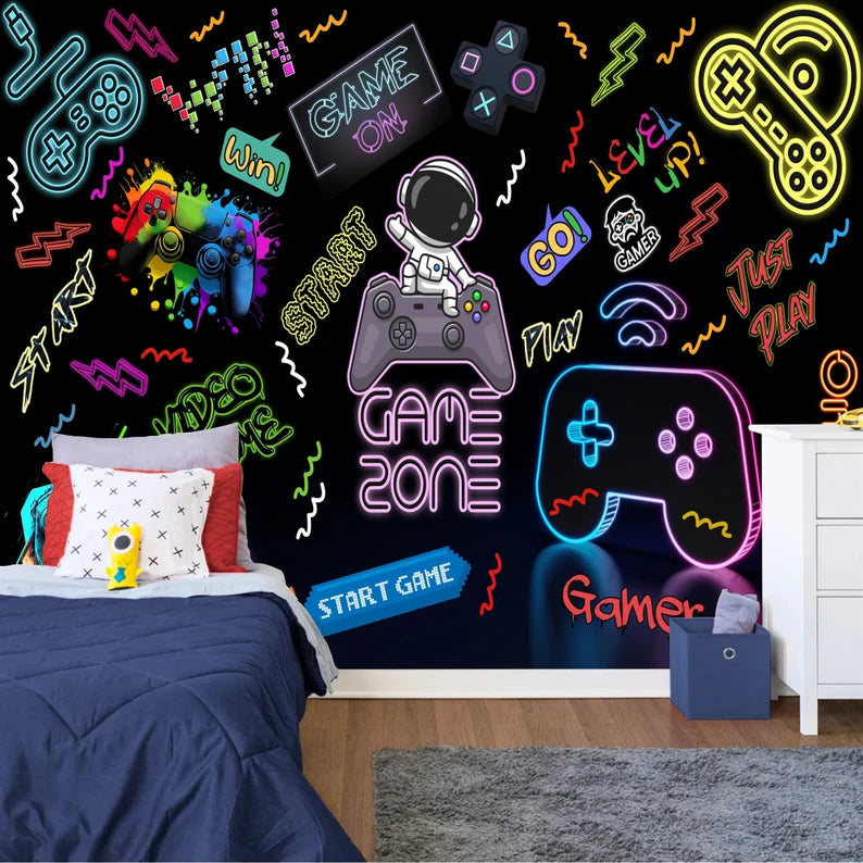 Gaming Room Wallpaper Mural, Neon Gamepad Design