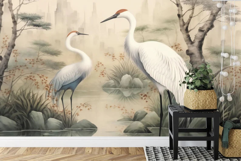 Heron Pond Mural, Painted Wallpaper Art print