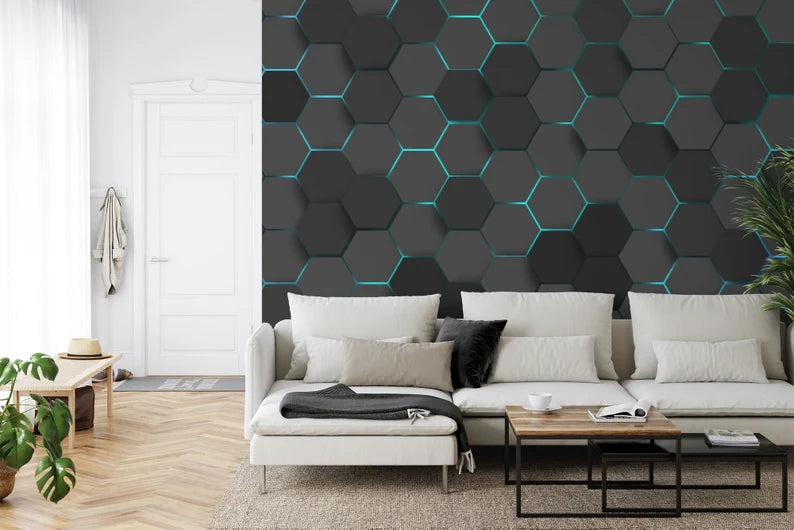 Wallpaper, Hexagonal Gaming Decor Wall Mural, Abstract Art Print
