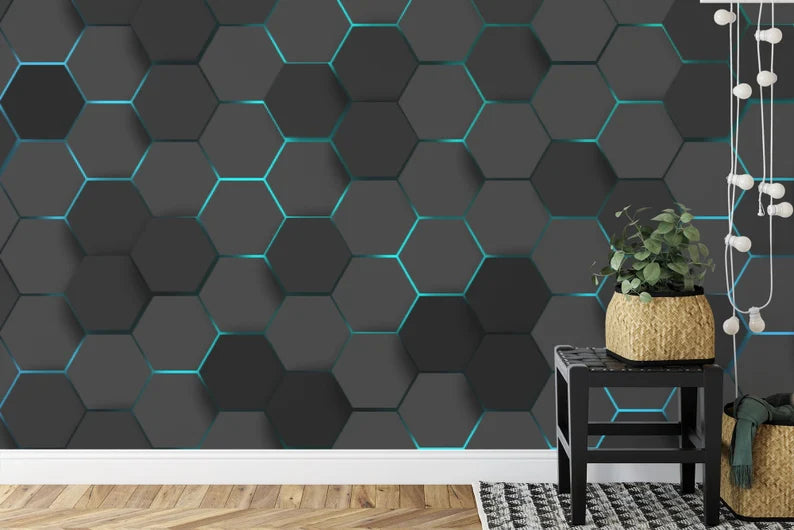 Wallpaper, Hexagonal Gaming Decor Wall Mural, Abstract Art Print