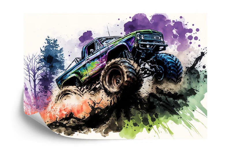 Wallpaper, Monster Truck Watercolor Wall Mural, Kids Room Decor