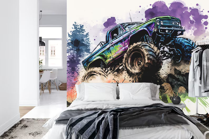 Wallpaper, Monster Truck Watercolor Wall Mural, Kids Room Decor