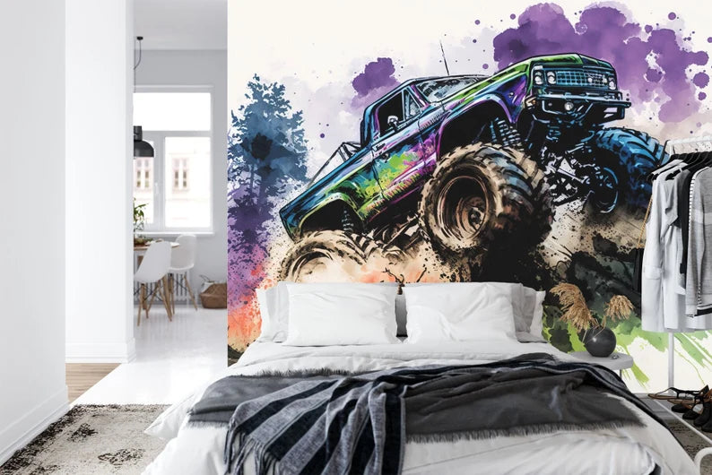 Watercolor monster truck wallpaper showing vibrant trucks with oversized wheels in playful design
