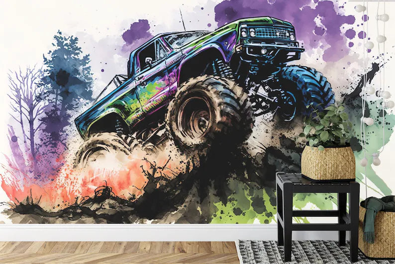 Wallpaper, Monster Truck Watercolor Wall Mural, Kids Room Decor