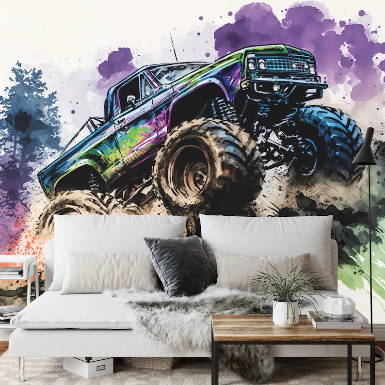 Wallpaper, Monster Truck Watercolor Wall Mural, Kids Room Decor