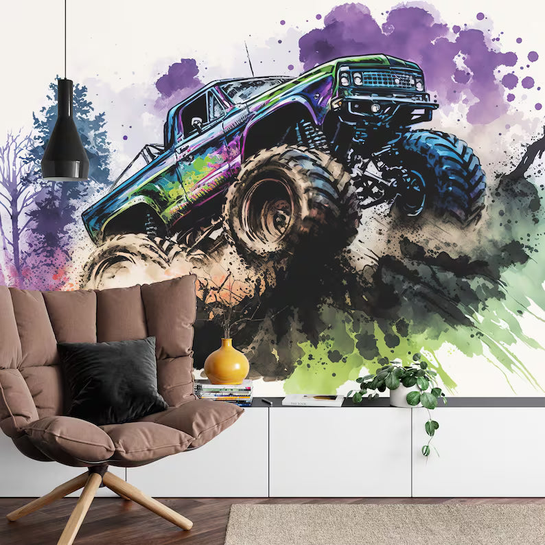 Wallpaper, Monster Truck Watercolor Wall Mural, Kids Room Decor