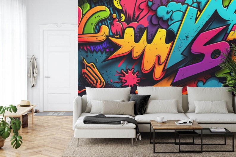 3D Neon Graffiti Wall Mural, Abstract Art Print