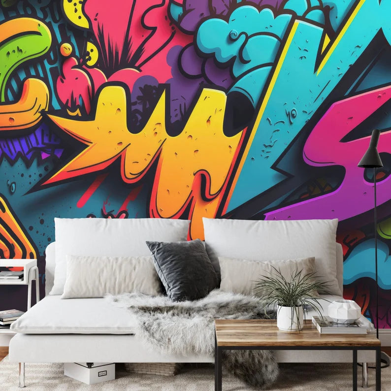 3D Neon Graffiti Wall Mural, Abstract Art Print