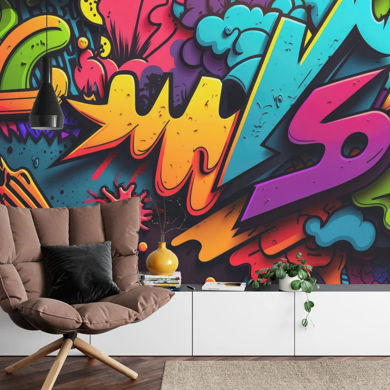 3D Neon Graffiti Wall Mural, Abstract Art Print