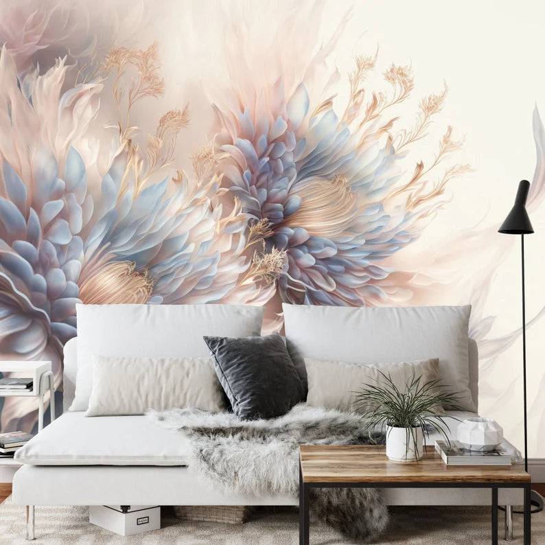 Floral wallpaper mural application in contemporary living space showing full wall coverage